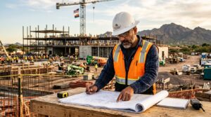 Construction manager reviewing blueprints at a construction jobsite in Arizona, representing a high-paying career without a degree
