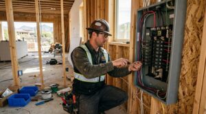 Electrician working on an electrical box in a new build home in Arizona, representing a high paying job without a degree