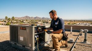 HVAC Tech working on a hvac system on a roof in Arizona, representing a high paying job without a degree