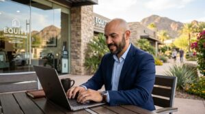 Mortgage loan originator working on a laptop in an outdoor setting in arizona as a high paying job