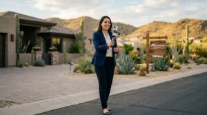Real estate agent filming content outside of a listing in Arizona, representing a high-paying role without a degree