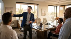 Sales rep pitching a demo in an office setting, representing a high paying arizona job without a degree