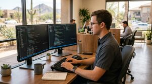 Web developer working in office at his dual screen monitor, representing a high paying job without degree