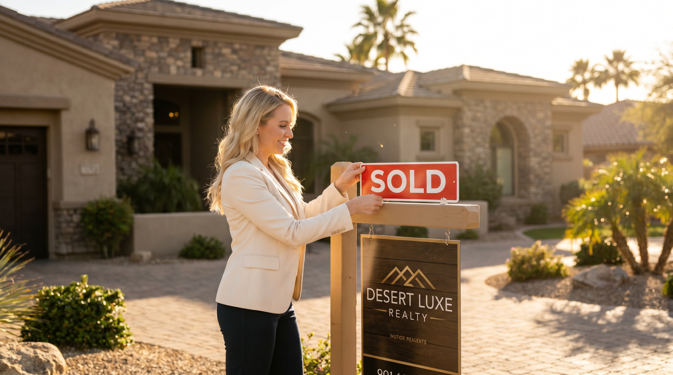 Arizona real estate agent placing a sold sign outside a luxury Scottsdale home, representing agent commission earnings on a house sale.