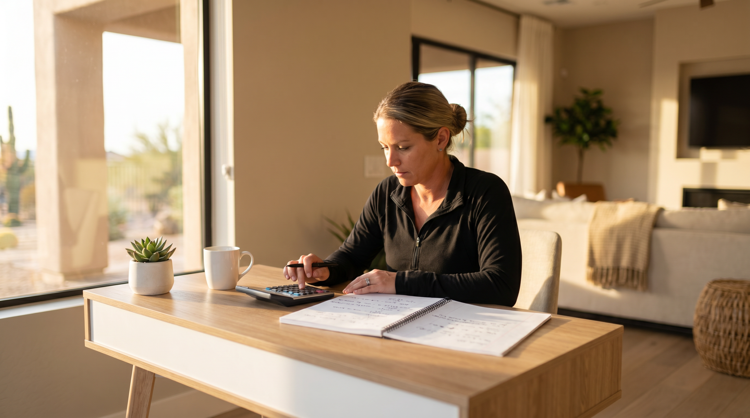Woman studying real estate exam math at a desk in a bright Scottsdale home, using a calculator and open notebook with handwritten formulas.