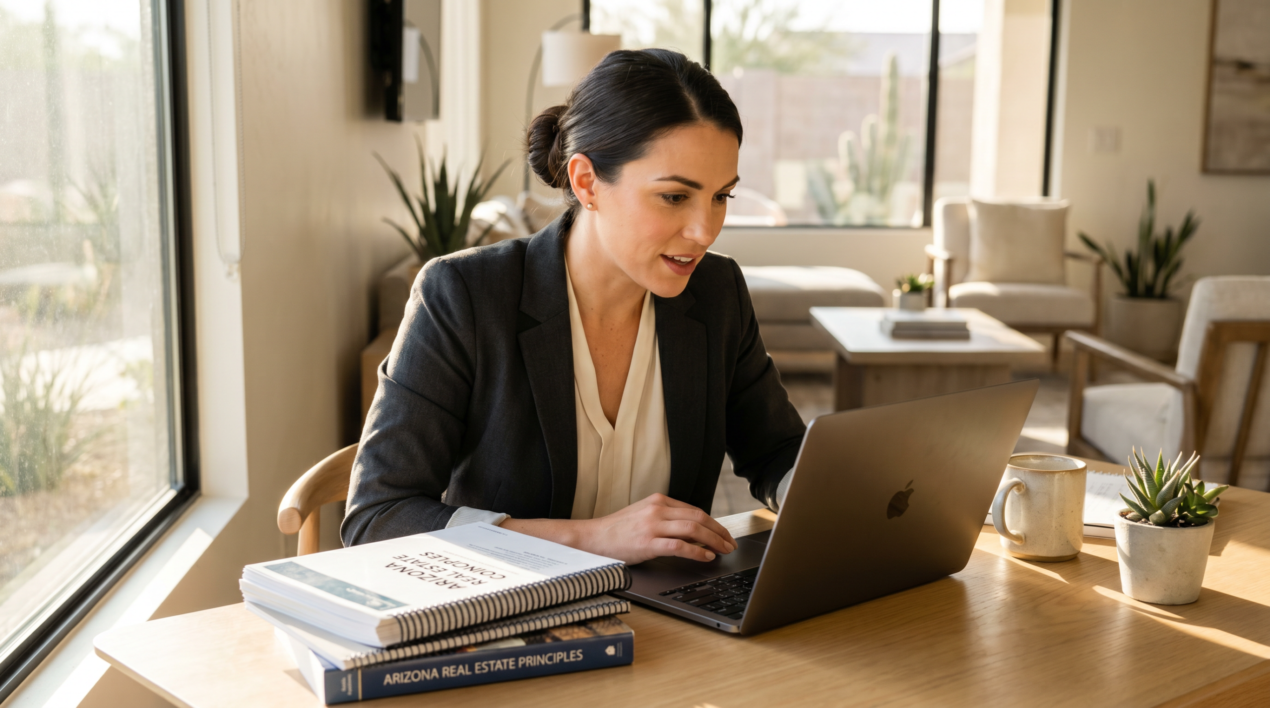 Woman studying Arizona real estate pre-licensing course online at her home desk