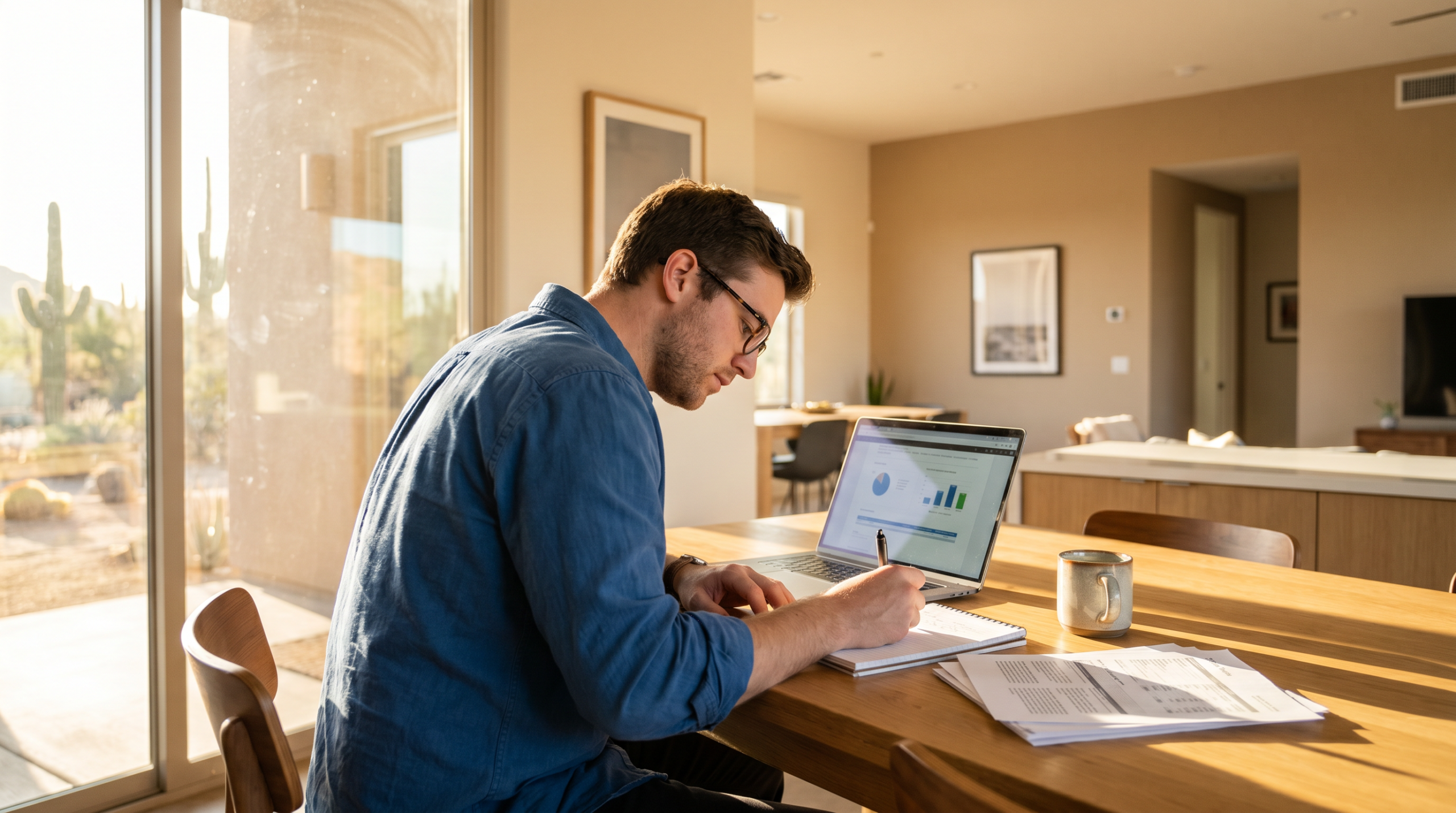 Person studying for the Arizona real estate licensing exam at home with notes and a laptop